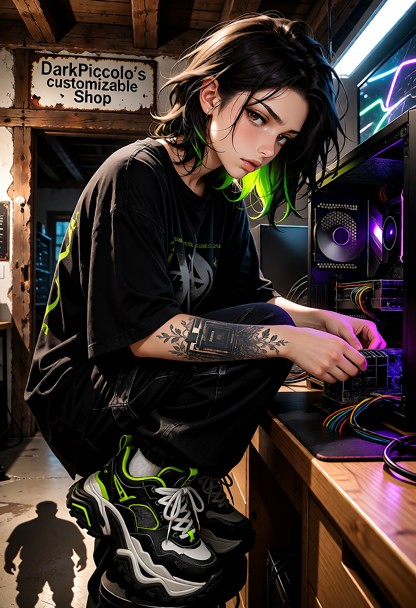 A realistic, cinematic photo of a focused woman assembling a PC hardware bundle on a wooden workbench. Wearing oversi…
