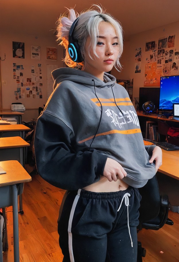 fatima is a korean japanese pop idol,full-body view,head-to-toe composition,centered frame,classroom,school_room,desk…