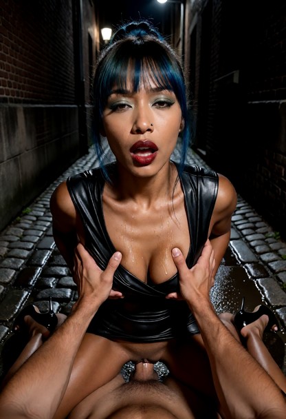 Location: narrow dark alleyway at night with textured brick walls and damp cobblestones reflecting the faint, distant…