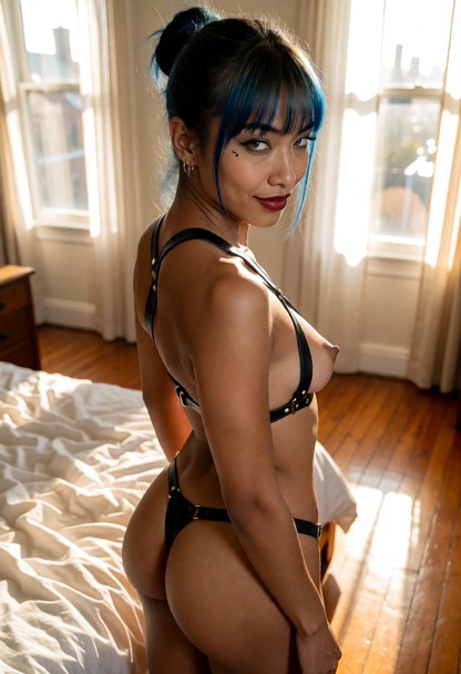Location: bright morning in a sunlit bedroom with warm light streaming through large windows, illuminating dust motes…