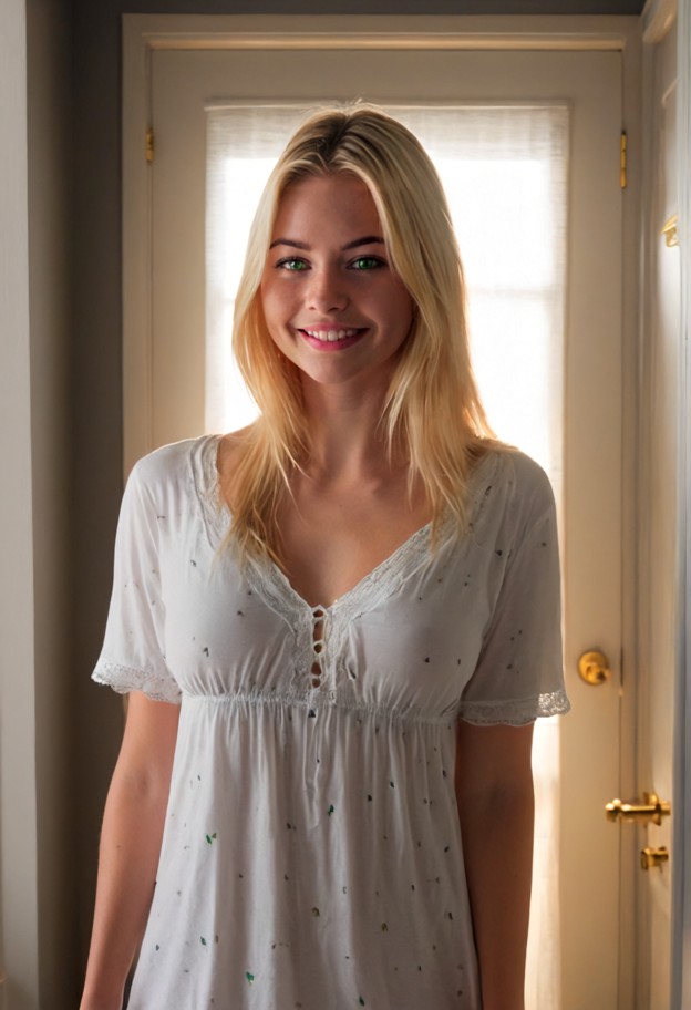 adriana is standing near the bathroom doorway holding a camera and smiling,white cotton nightdress,indoors,dimly lit …