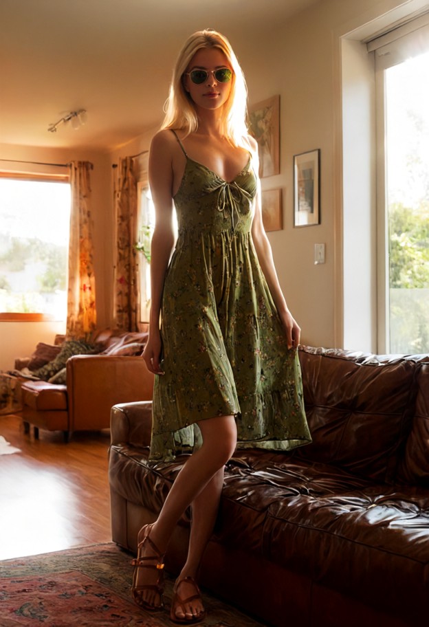 adriana stands in the doorway of the guest room holding sunglasses,floral sundress,leather sandals,cozy living room,p…