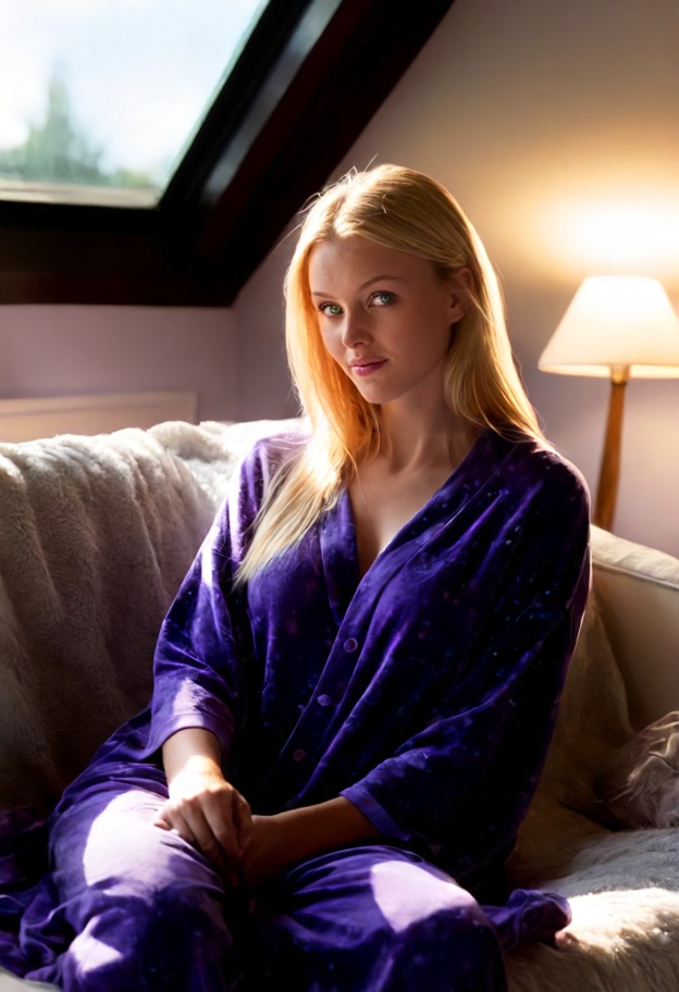 she is is sitting on a chaise lounge lifting a blanket,lavender pajama set,living room,plush chaise lounge,skylight,p…
