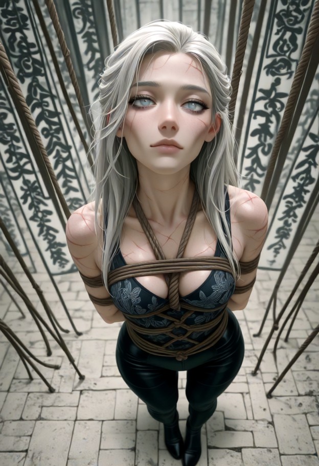 girl detailed skin texture,intricate rope bondage,((kinbaku)),japanese rope art,(front view),arms behind back,full bo…