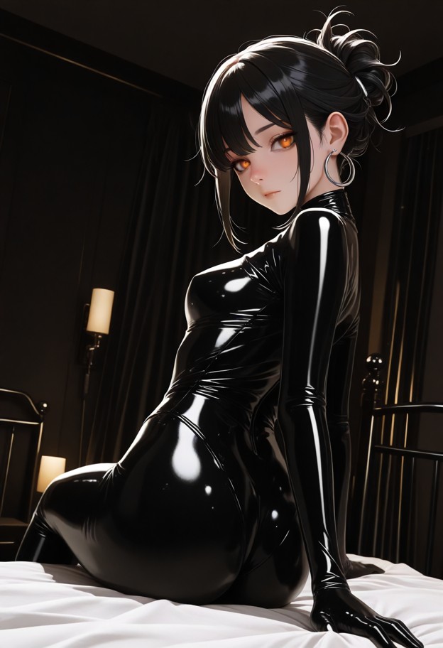 she is sitting on the edge of bed reaching toward viewer,black latex bodysuit,bedroom,gothic bedpost,black velvet she…