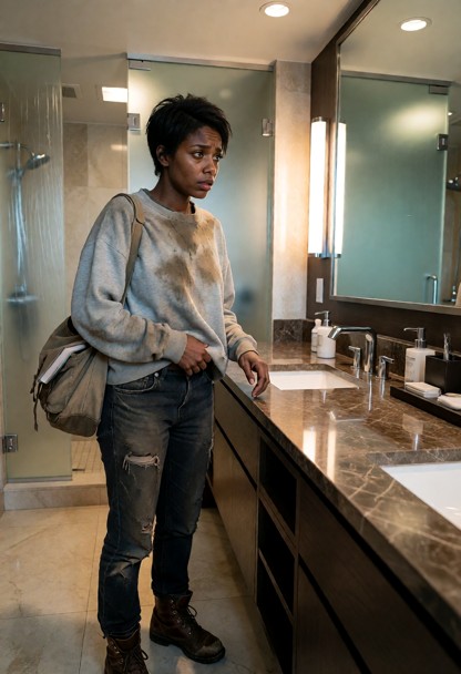 Location: a spacious and luxurious guest bathroom within the penthouse, featuring sleek marble countertops, a large v…