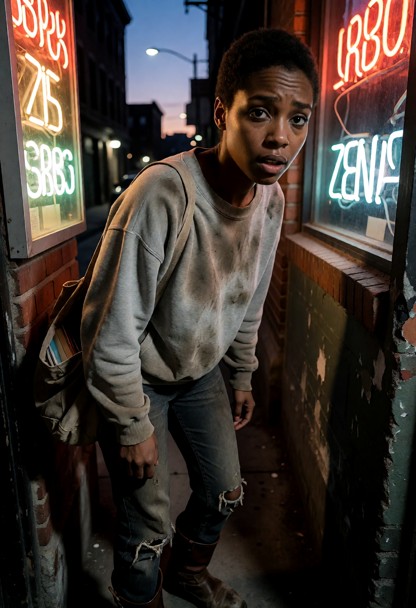 Location: a dimly lit urban street corner at dusk, where the fading natural light mixes with the harsh, flickering gl…