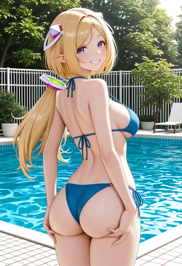 1girl,solo,standing,back to viewer,looking_back,adjusting bikini,blue bikini,happy,teeth,blushing,full-body view,head…
