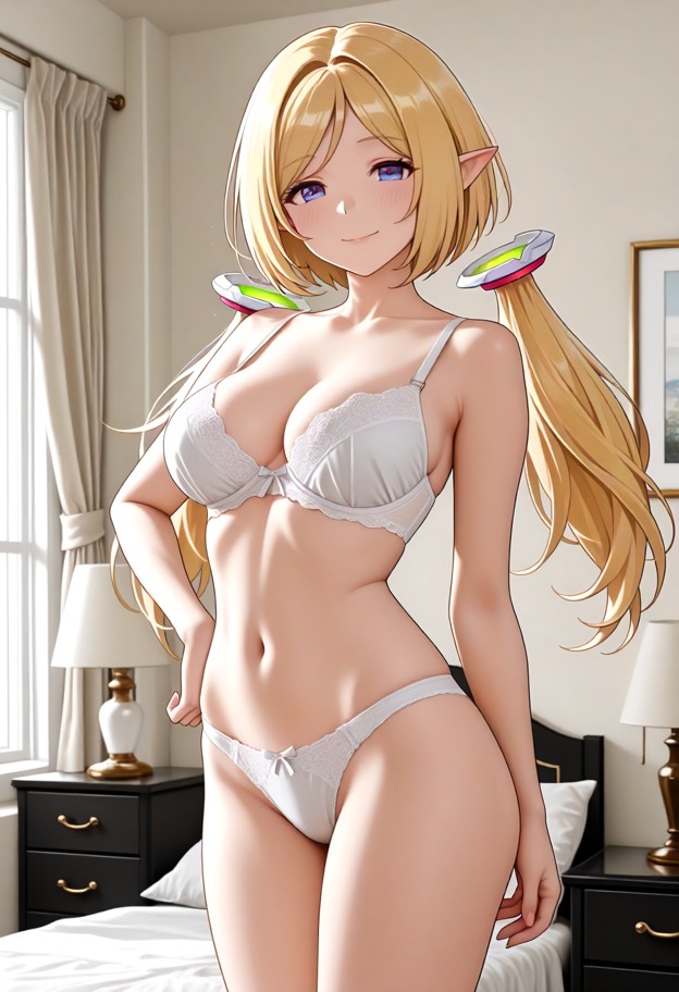 1girl,solo,standing,facing_viewer,hand_on_own_hip,white_bra,white_panties,smile,happy,blush,front view,full-body view…