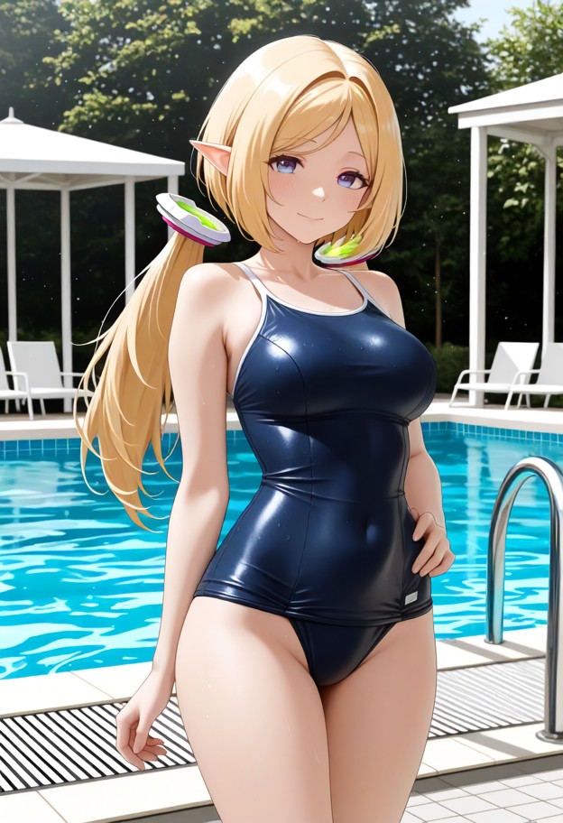 1girl,solo,standing,facing_viewer,hand_on_own_hip,school_swimsuit,smile,happy,blushing,front view,full-body view,head…