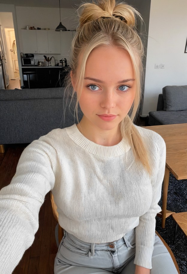 1girl sitting in a chair,white sweater,gray jeans,hair tied back,living room,hands in lap,small table,looking away,se…