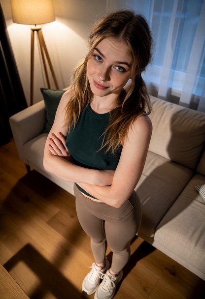 Location: early evening in a cozy living room with soft ambient light from a nearby floor lamp casting long, gentle s…