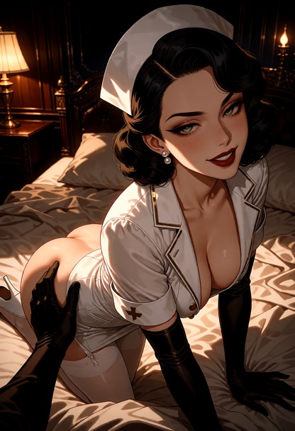 Location: late night in a dimly lit, luxurious bedroom with rumpled white linen sheets and dark wooden furniture; war…