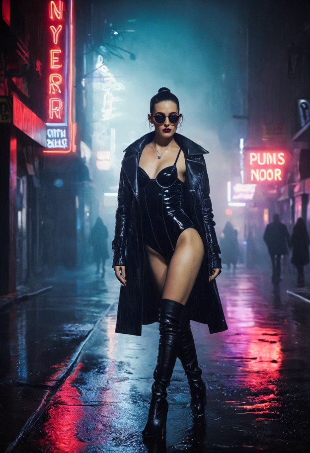 stylish female vampire walking through a modern city at night,sophisticated black leather coat,elegant boots and dark…