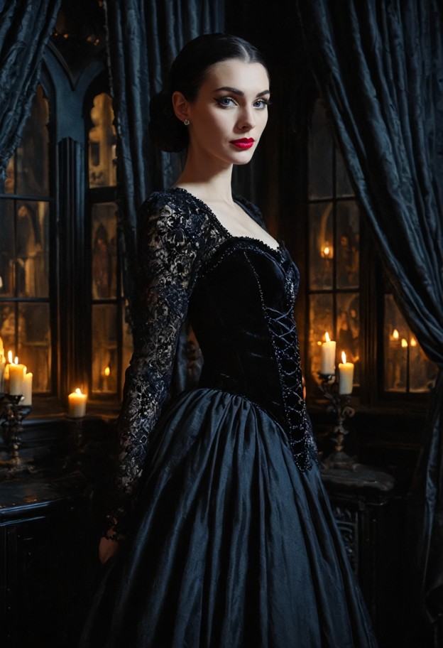 beautiful female vampire standing inside an enormous gothic castle,wearing an elegant black victorian-inspired gown,l…