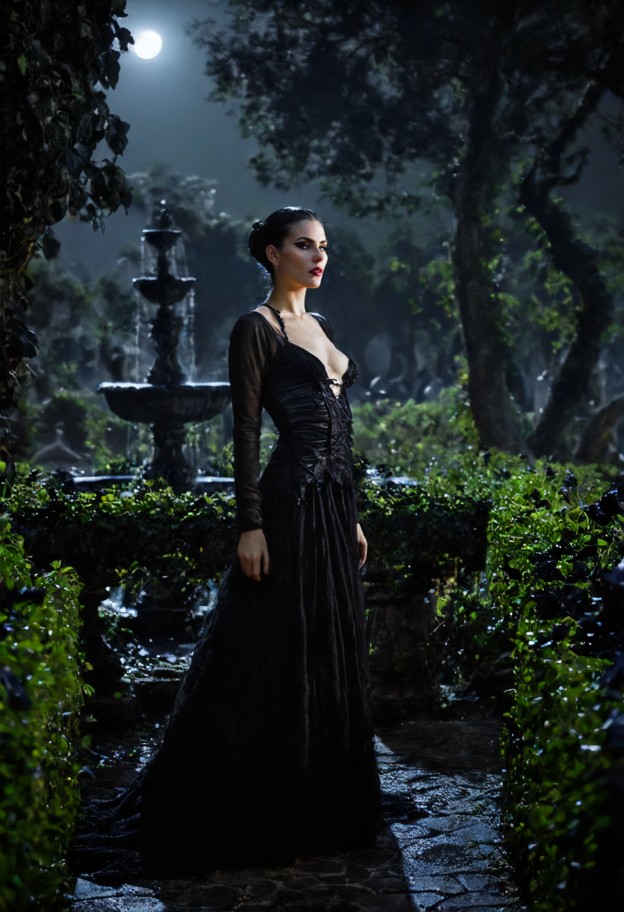female vampire wandering through an overgrown gothic garden at night,surrounded by black roses,ivy-covered stone stat…