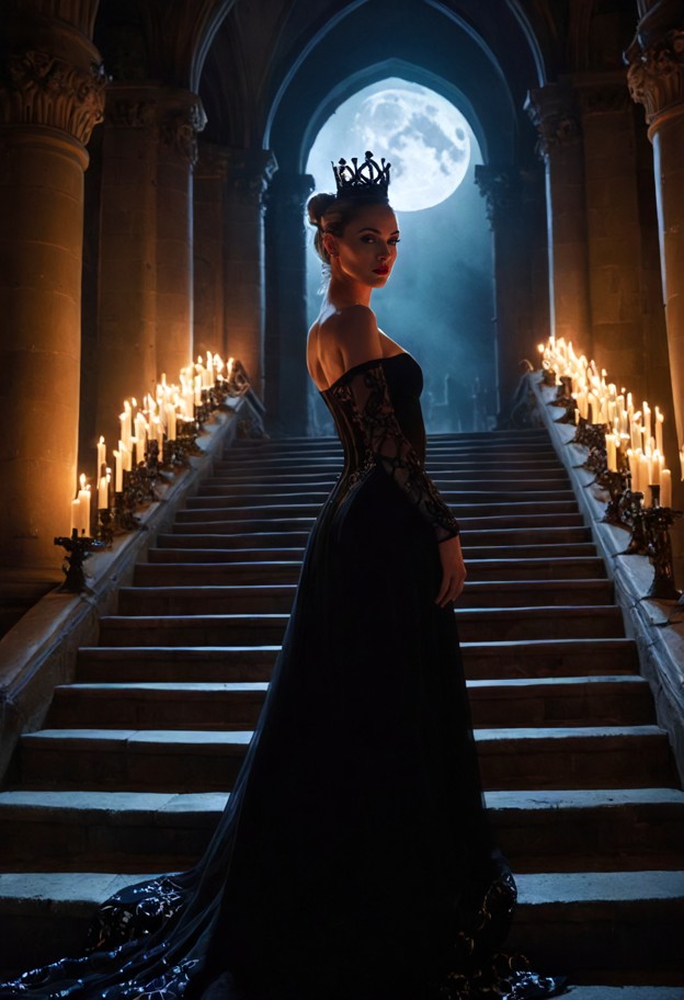 female vampire standing at the top of an enormous gothic staircase inside a magnificent castle,wearing an elaborate b…