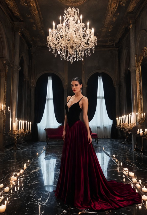 elegant female vampire standing alone inside a grand gothic ballroom,luxurious black and deep crimson gown,enormous c…