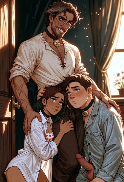 Demian is leaning against the bedroom door; a girl and a boy are on their knees in front of him, both pressing their …