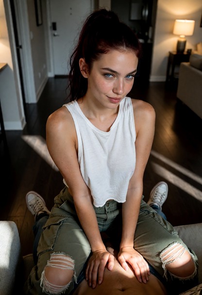 Location: a dimly lit apartment entryway with soft shadows stretching across the dark hardwood floor and a warm glow …