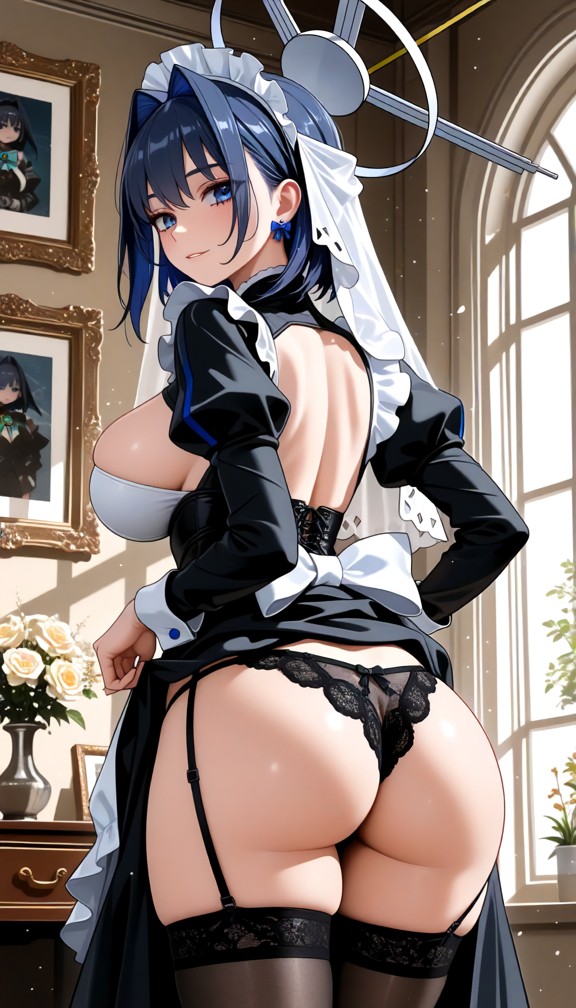 1girl,underwear,panties,ass,breasts,maid,thighhighs,black_panties,solo,maid_headdress,enmaided,indoors,clothes_lift,p…