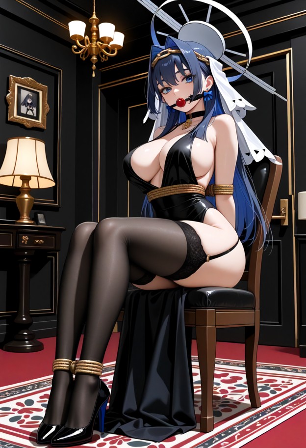 1girl,,breasts,dress,solo,virtual_youtuber,high_heels,thighhighs,black_dress,tail,black_footwear,indoors,full_body,ch…