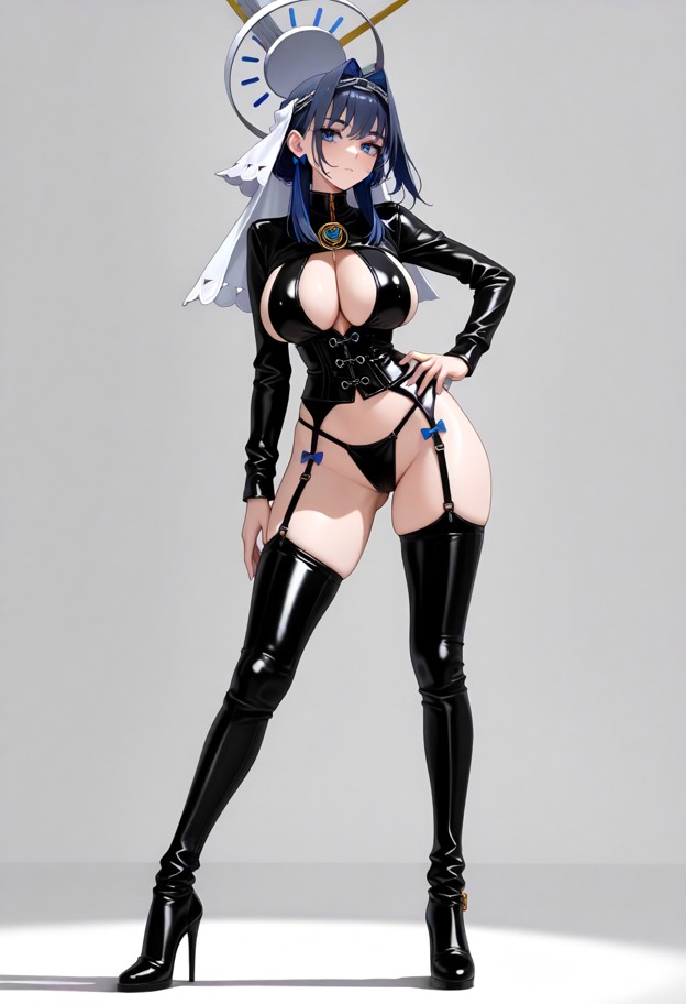 she is is posing in leather clothing,leather corset,thong,garter belt,stockings,thigh high leather boots,stiletto hee…