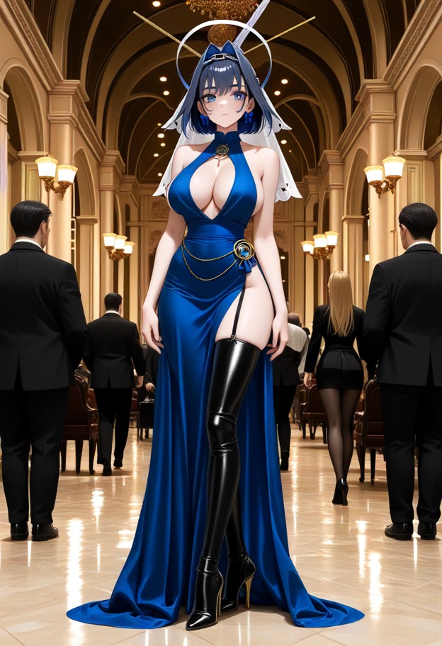 she is wearing evening dress,slit dress,stockings,thigh high leather boots,stiletto heels,ballroom,full body,eye leve…