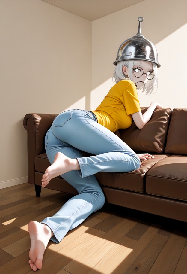 1girl on floor,kicking,biting arm,light blue jeans,faded yellow t-shirt,barefoot,living room,beige walls,brown couch,…