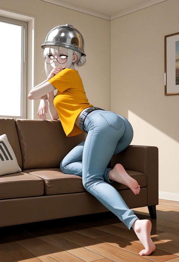 1girl struggling on wooden floor,faded yellow t-shirt,light blue jeans,metallic silver belt buckle,bare feet,beige wa…