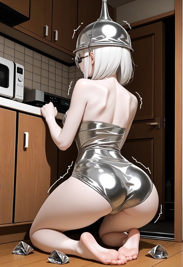 1girl kneeling on kitchen floor,hunched forward,shoulders shaking,clenched fists,wrapped in crumpled aluminum foil,te…