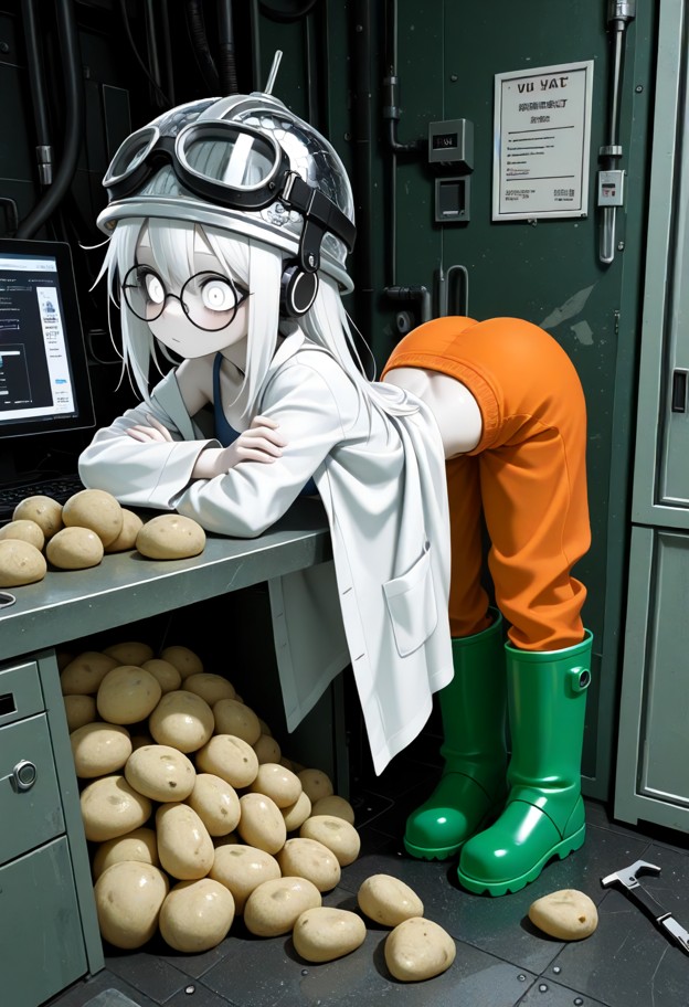1girl standing,white lab coat,blue tank top,orange sweatpants,green rubber boots,goggles on forehead,arms crossed,lea…