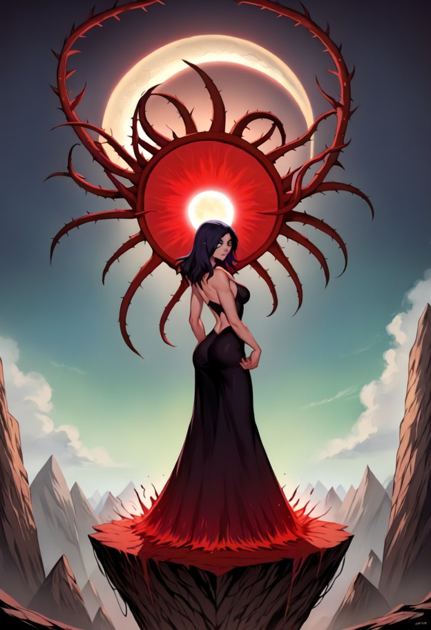 dark
 fantasy anime art,vertical mobile wallpaper. three witches standing on
 a jagged cliff under a blood-red cresce…