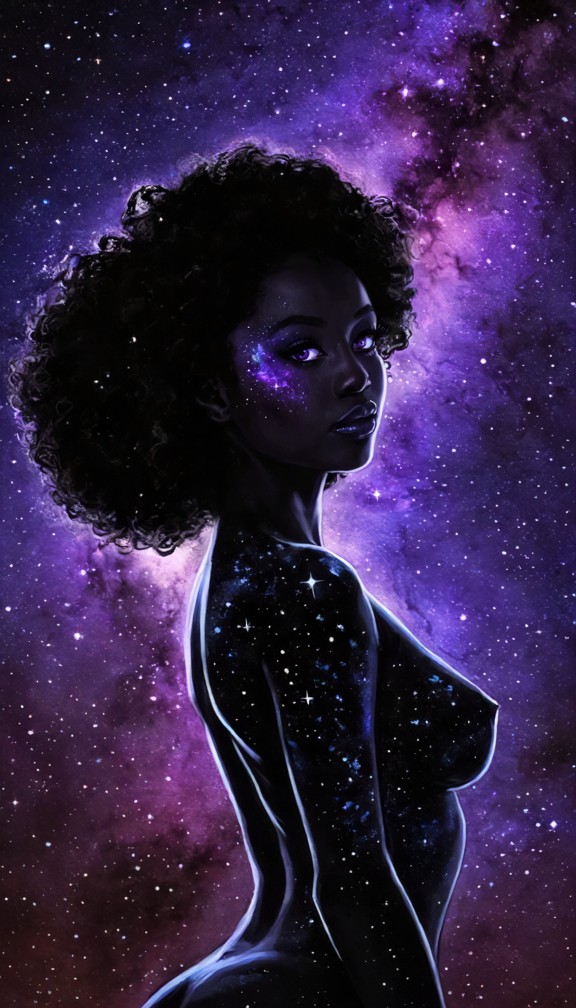 close-up of seraphina's face,deep violet glowing eyes reflecting distant galaxies,dark starfield-flecked skin,faint g…