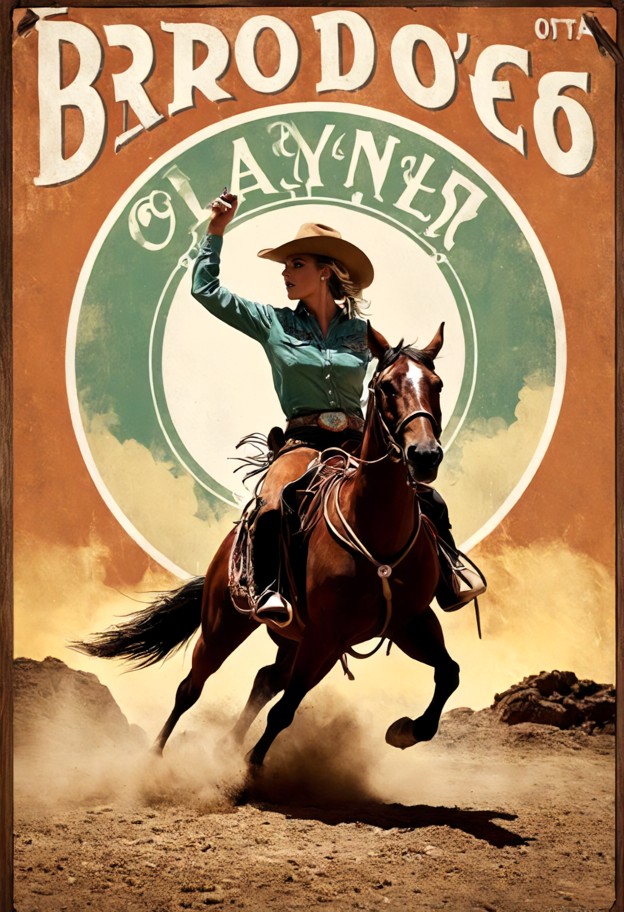 create a vintage 1920s art deco rodeo advertisement featuring rich earth tones,warm desert colors,muted terracotta,sa…