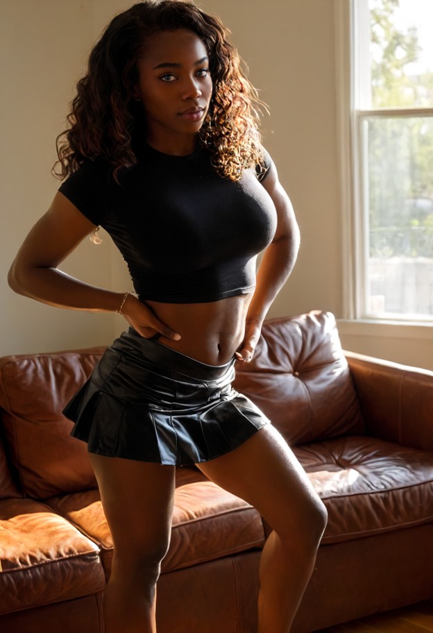 she is,solo,shaking hips (dancing),hands on body,looking at viewer,black mini skirt,tight black top,living room,brown…
