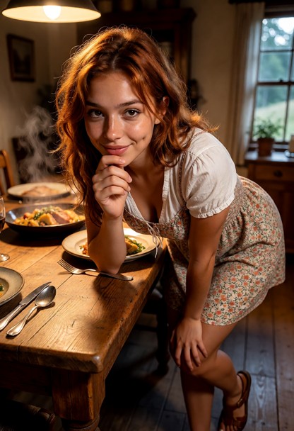 Location: warm evening inside a cozy farmhouse dining room with a sturdy wooden table set with ceramic plates and pol…