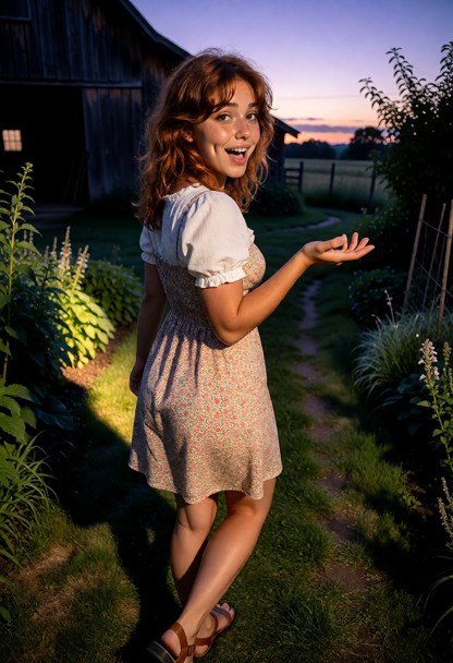 Location: soft twilight outside a farmhouse under a deepening violet sky, where the last remnants of golden sun dip b…
