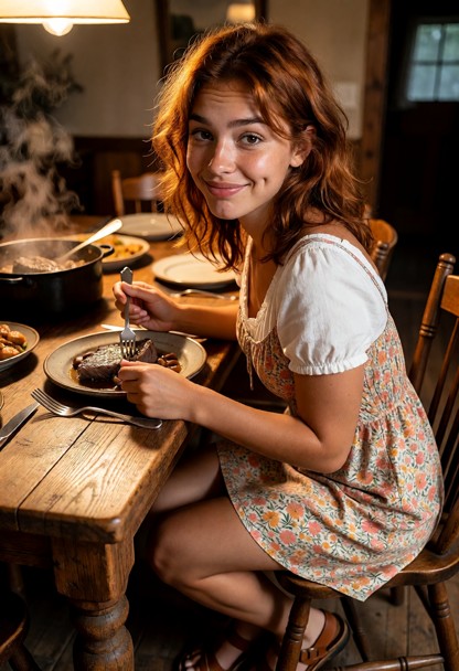 Location: warm evening inside a cozy farmhouse dining room with a sturdy wooden table set with ceramic plates and pol…
