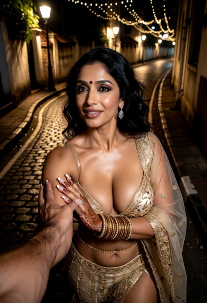 Location: winding South Mumbai street at night with cobblestone paths and occasional glowing streetlamps that cast lo…