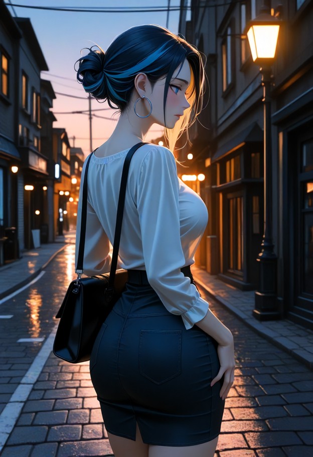mia is turning away with a flustered expression,white silk blouse,dark denim skirt,leather shoulder bag,quiet outdoor…