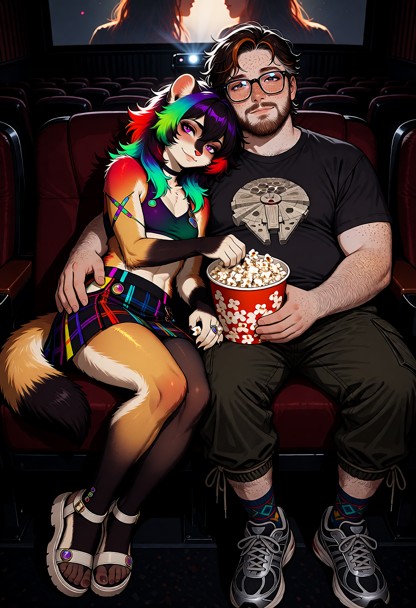 Create a highly detailed cinematic scene inside a dark, cozy movie theater, showing Whisper Vex and a 37-year-old Cau…