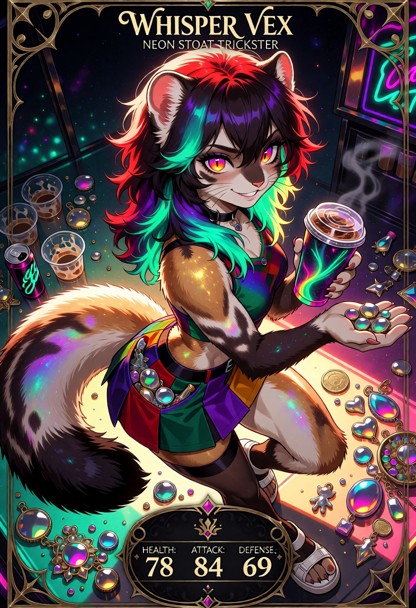 Create a premium fantasy trading card featuring **Whisper Vex**, titled **“Whisper Vex — Neon Stoat Trickster”**, pre…