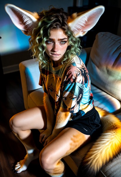 Location: dim living room at night with the flickering blue and white light from the TV casting shifting shadows acro…