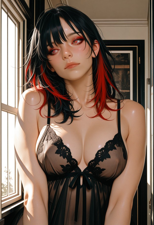a close-up photograph of a woman arching her back gracefully,head tilted back,lips slightly parted,tousled hair spill…
