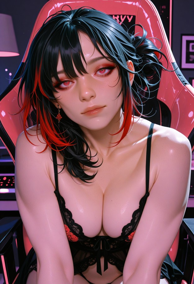 a highly detailed,cinematic pov-style photograph of a woman with tousled hair and a playful,intense gaze,seated leani…