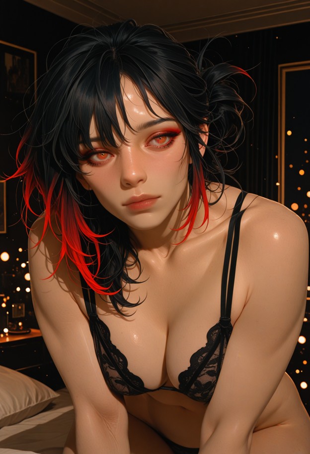 a cinematic,intimate portrait of a woman leaning forward with a seductive and alluring expression,messy tousled hair …