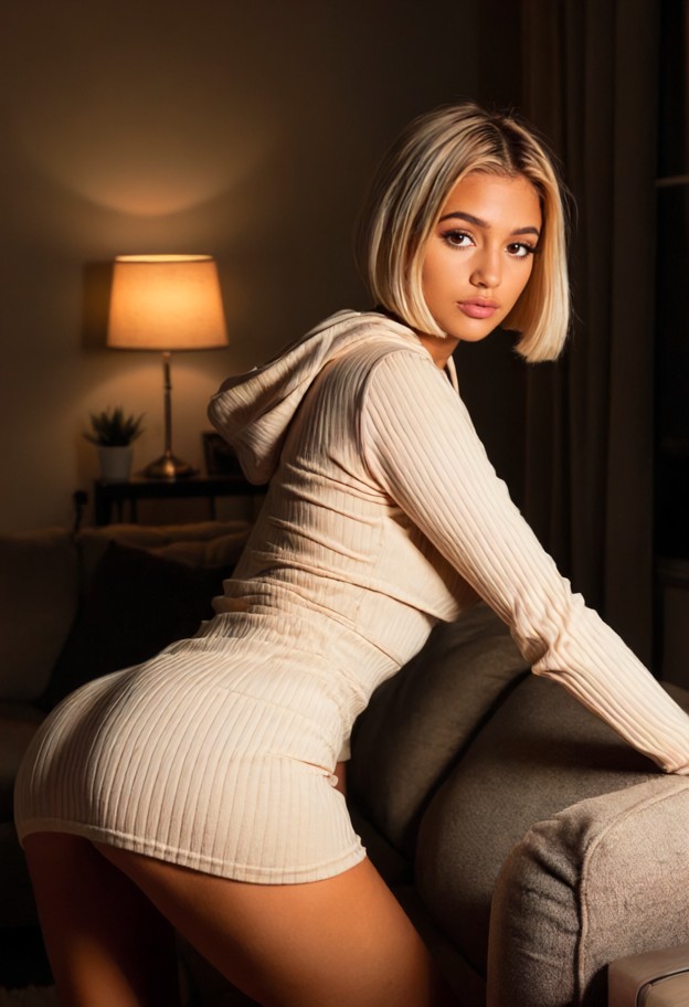laura is turning toward the viewer while crossing her arms,beige ribbed bodycon dress,beige ribbed crop hoodie,dimly …