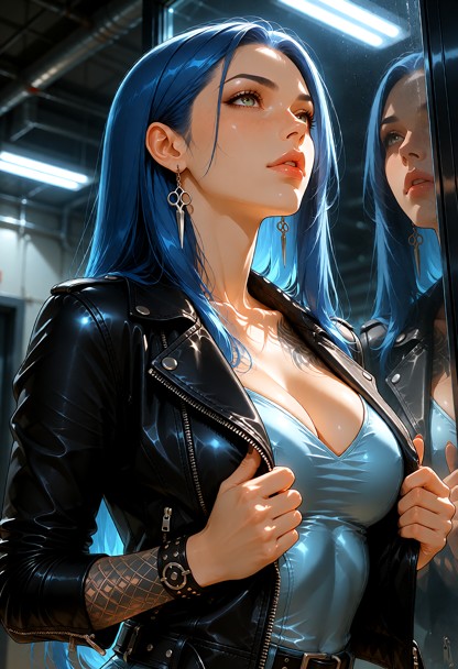 **Frame cut** Vertical three-quarter portrait. The crop runs from the ceiling lights at the top to her mid-torso. She…