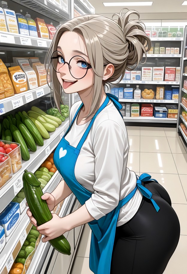 white shirt,black yoga pants,blue apron,grocery store,fresh produce,holding cucumber suggestively,smiling,tongue out …